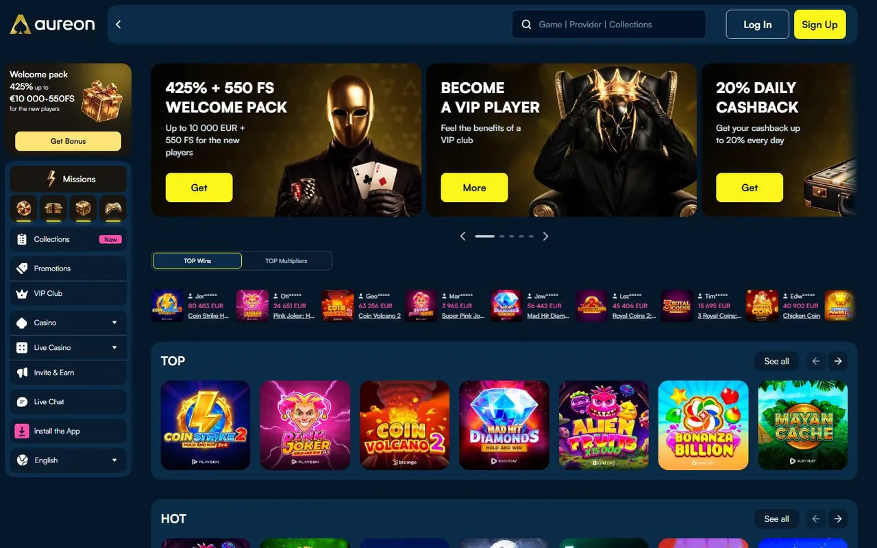 Page d’accueil de Aureonplay Casino