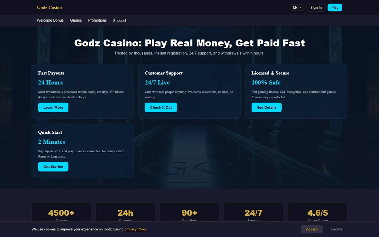 Page d’accueil de Godz Casino