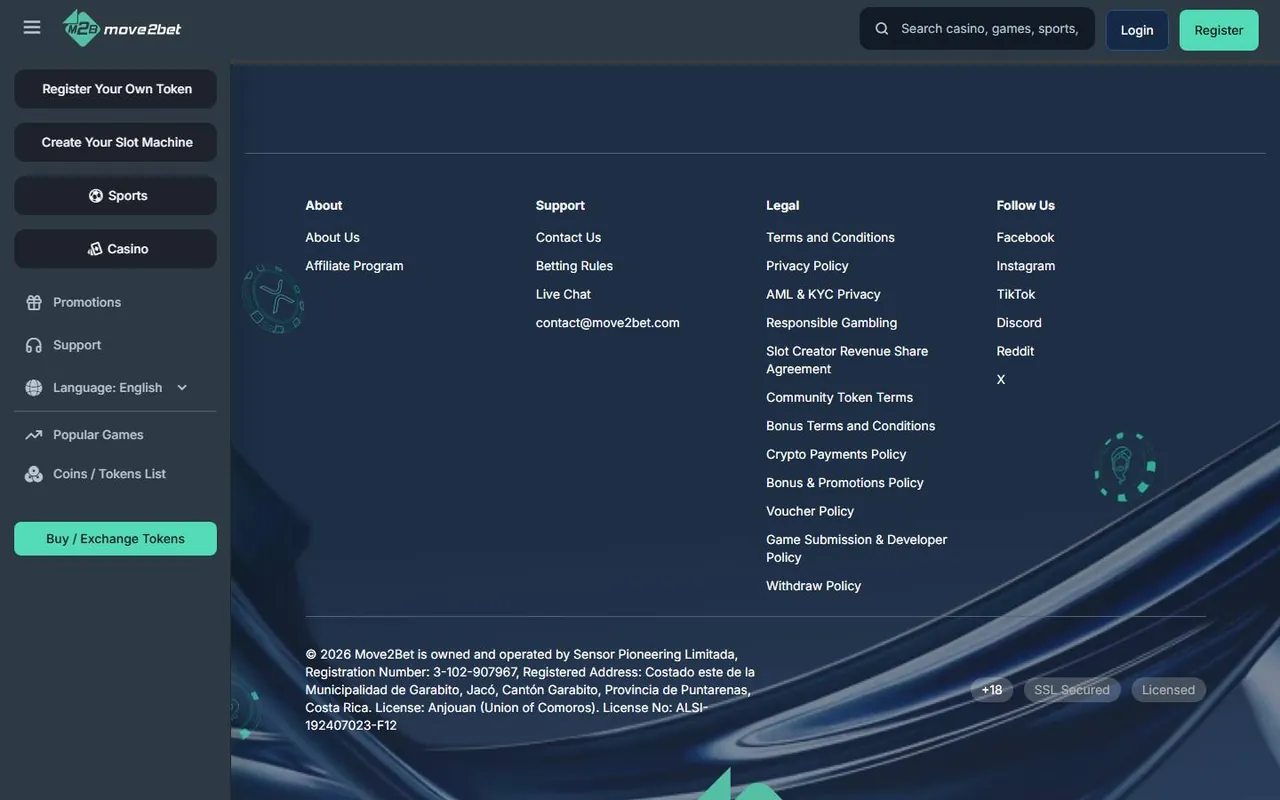 Page d’accueil de Move2bet Casino