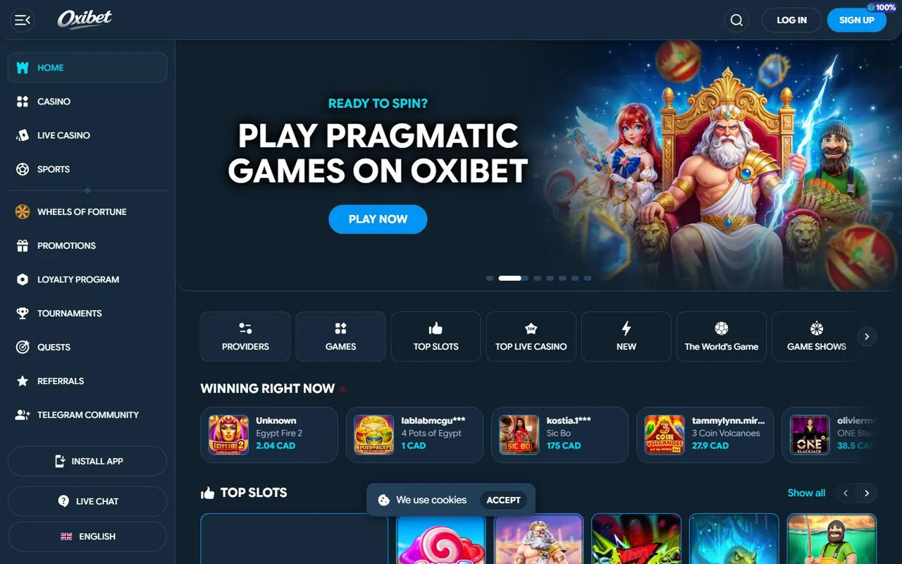 Page d’accueil de Oxibet Casino