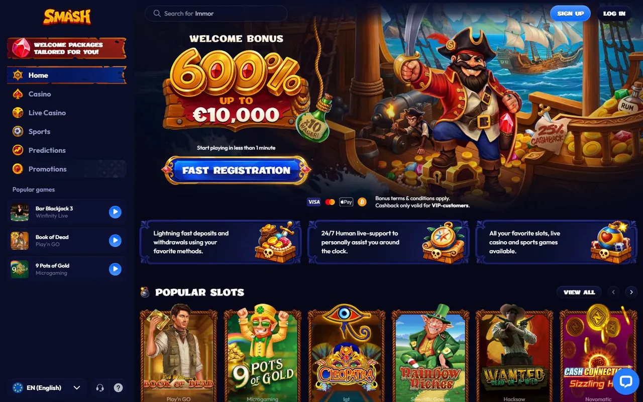 Page d’accueil de Smash Casino