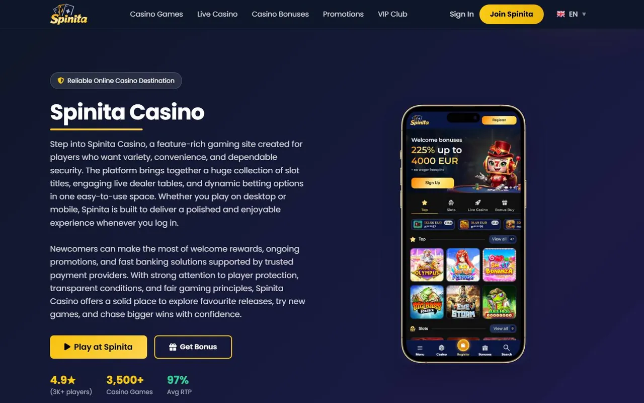 Page d’accueil de Spinita Casino