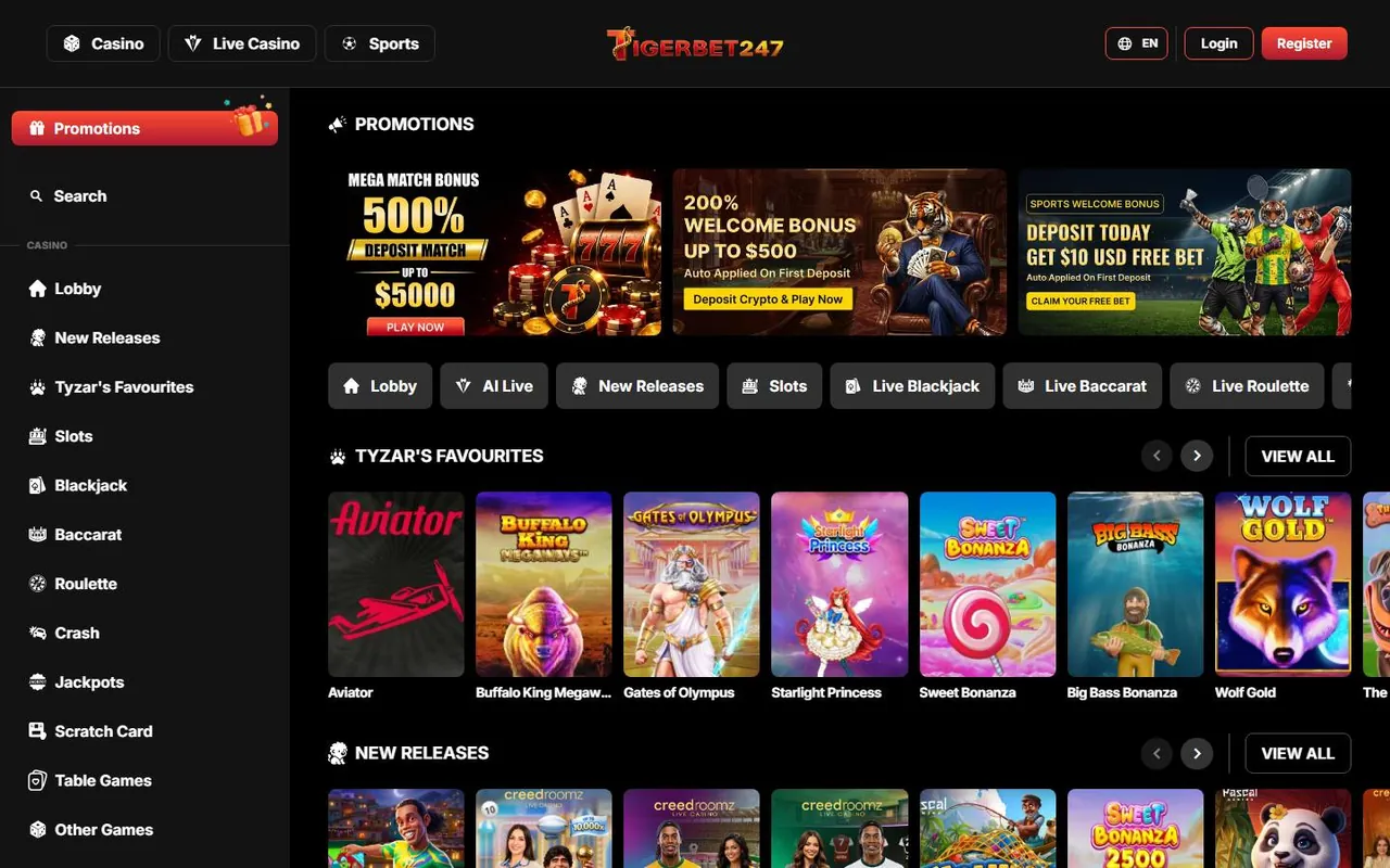 Page d’accueil de TigerBet247 Casino